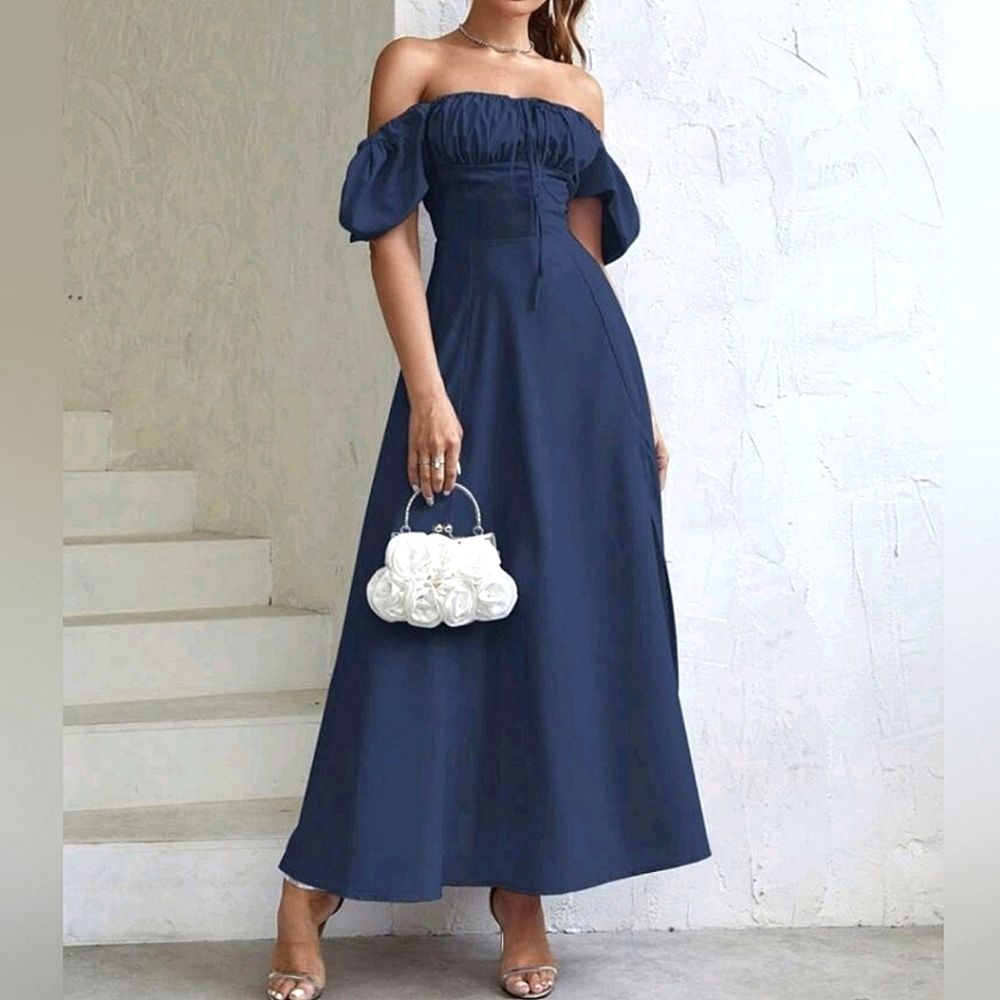 New Vintage Look Tie Ruched Top Split Maxi Dress Navy Blue - Picture 7 of 12